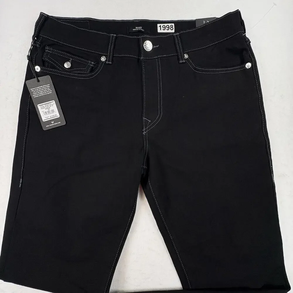 True Religion Ricky Jeans Mens 34x31 Black Relaxed Straight Stretch Denim Rinse
